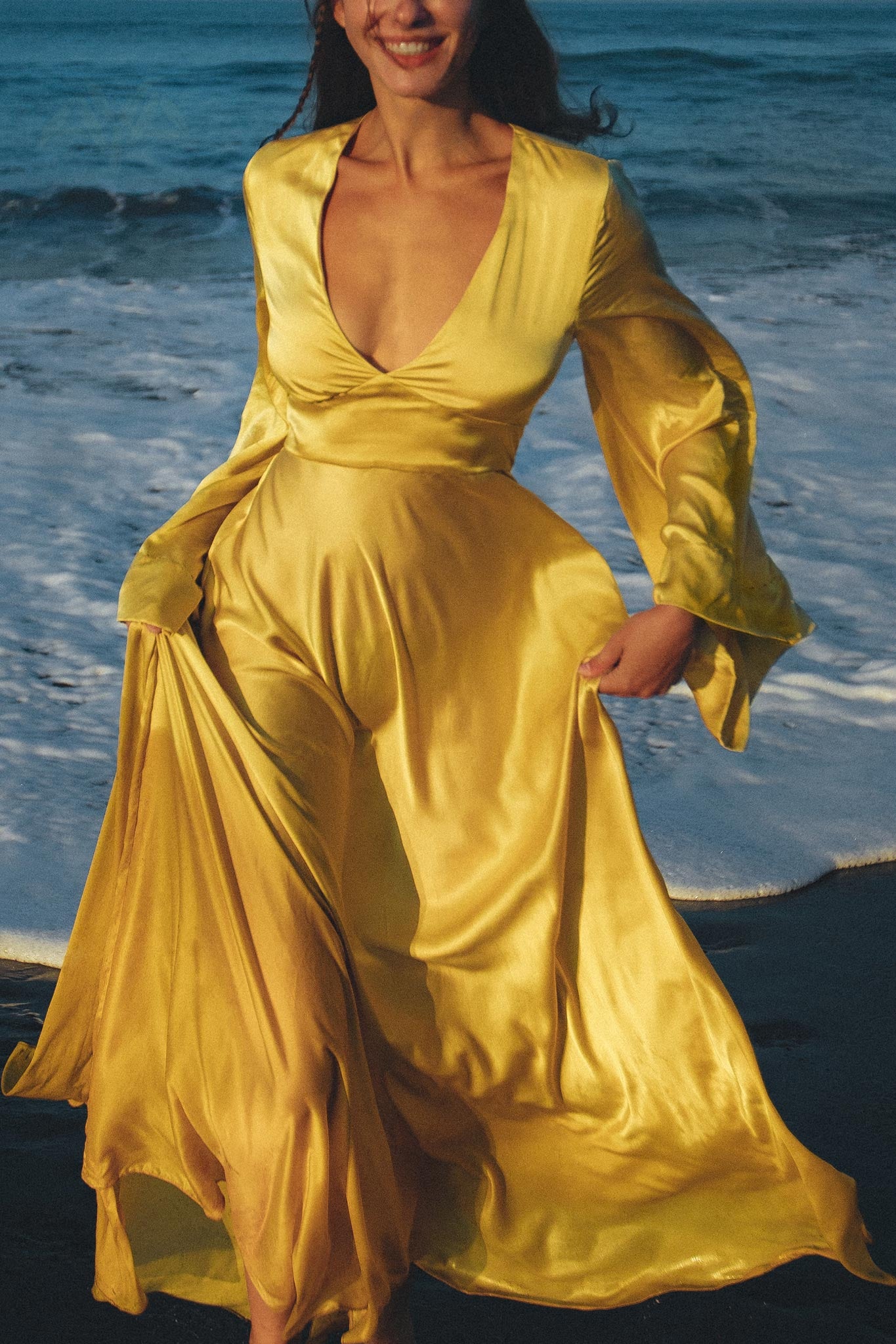 Gold Sundari Goddess Silk Gown • Bridesmaid Wedding Open Back Dress • Bridesmaid Dress - AYA Sacred Wear