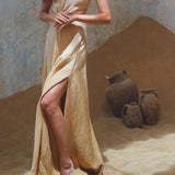 Golden Freyja Dress • Organic Open Sides Maxi Dress • Ombre Beige Bridesmaid Romantic Dress - AYA Sacred Wear
