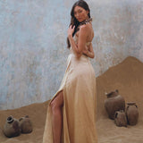 Golden Freyja Dress • Organic Open Sides Maxi Dress • Ombre Beige Bridesmaid Romantic Dress - AYA Sacred Wear