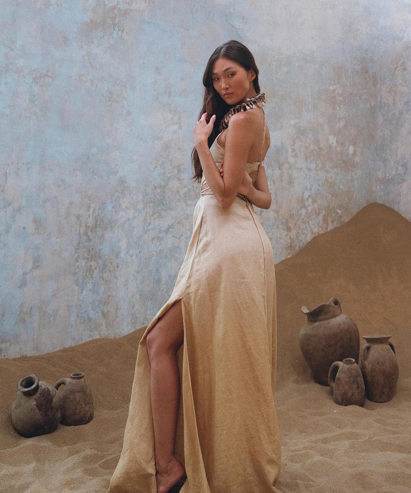 Golden Freyja Dress • Organic Open Sides Maxi Dress • Ombre Beige Bridesmaid Romantic Dress - AYA Sacred Wear