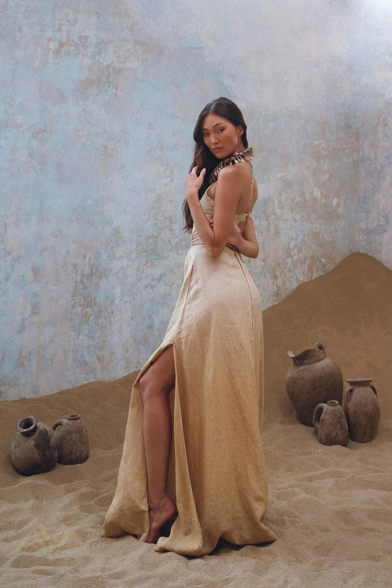 Golden Freyja Dress • Organic Open Sides Maxi Dress • Ombre Beige Bridesmaid Romantic Dress - AYA Sacred Wear