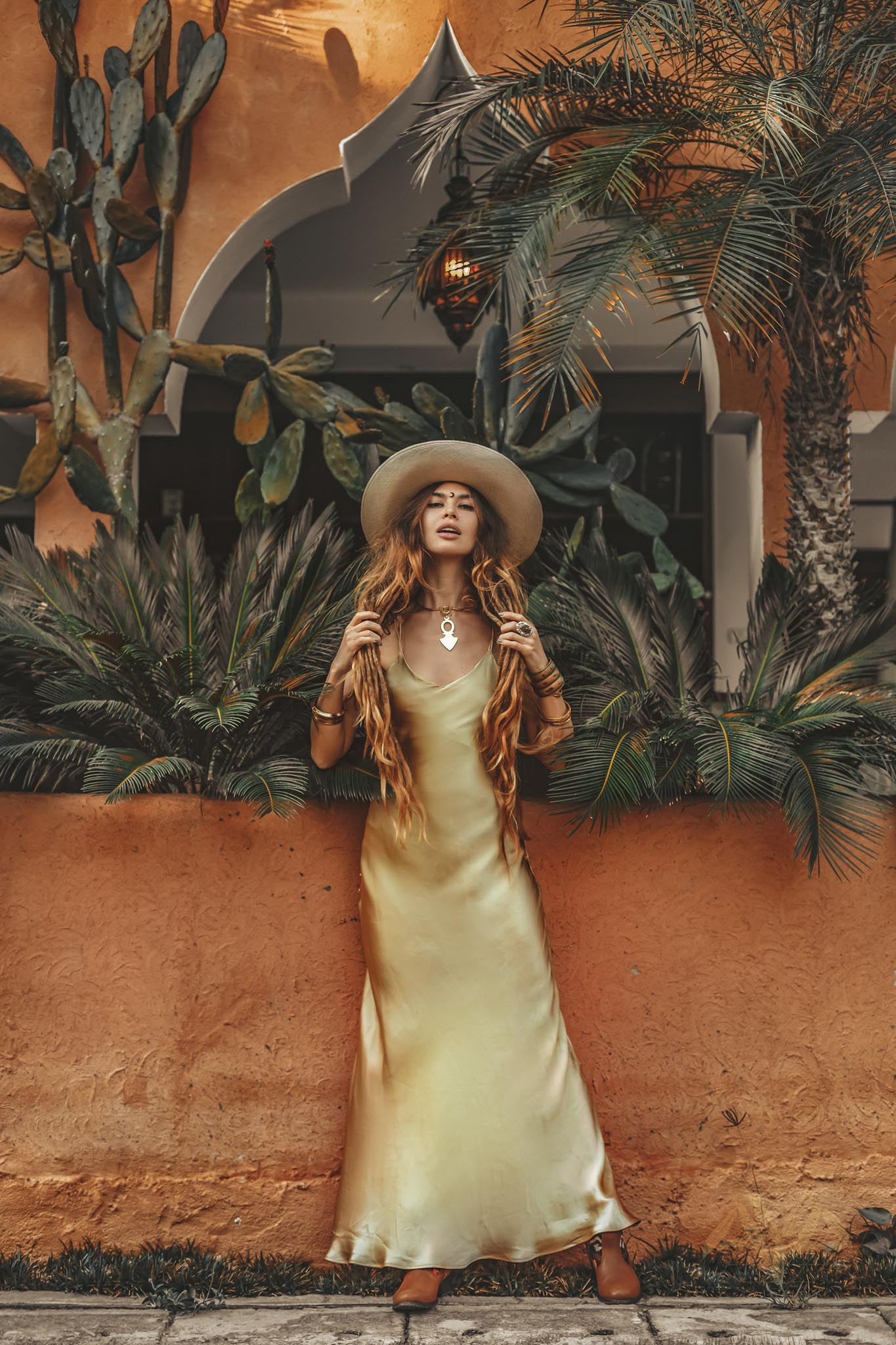 Golden Silk Slip Dress • Peace Silk Boho Dress Women • Silk Long Maxi Dress - AYA Sacred Wear