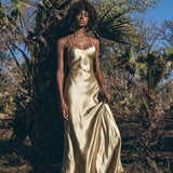 Golden Silk Slip Dress • Peace Silk Boho Dress Women • Silk Long Maxi Dress - AYA Sacred Wear