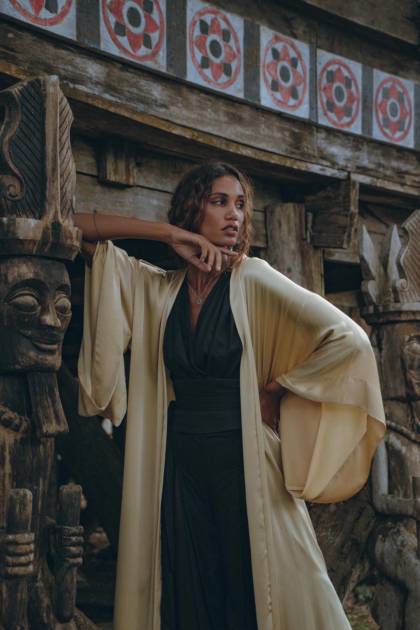 Boho Golden Silk Kimono Cover Up, Wide Sleeve Bohemian Cardigan - AYA Sacred Wear