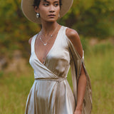 Stunning goddess dress in soft sage silk, an ideal choice for bridesmaids. Exuding grace and elegance, this wrap kimono maxi dress features exquisite bell sleeves.
