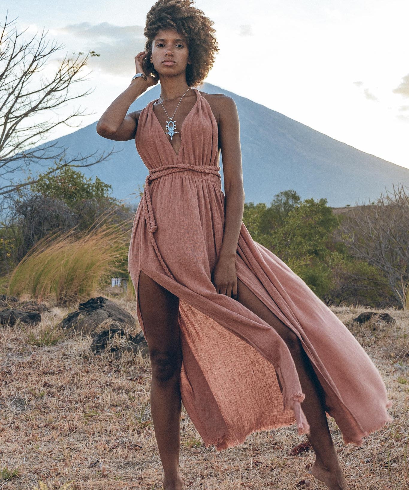 Greek Goddess Dress • Rose Gold Long Maxi Belted Dress - AYA Sacred Wear