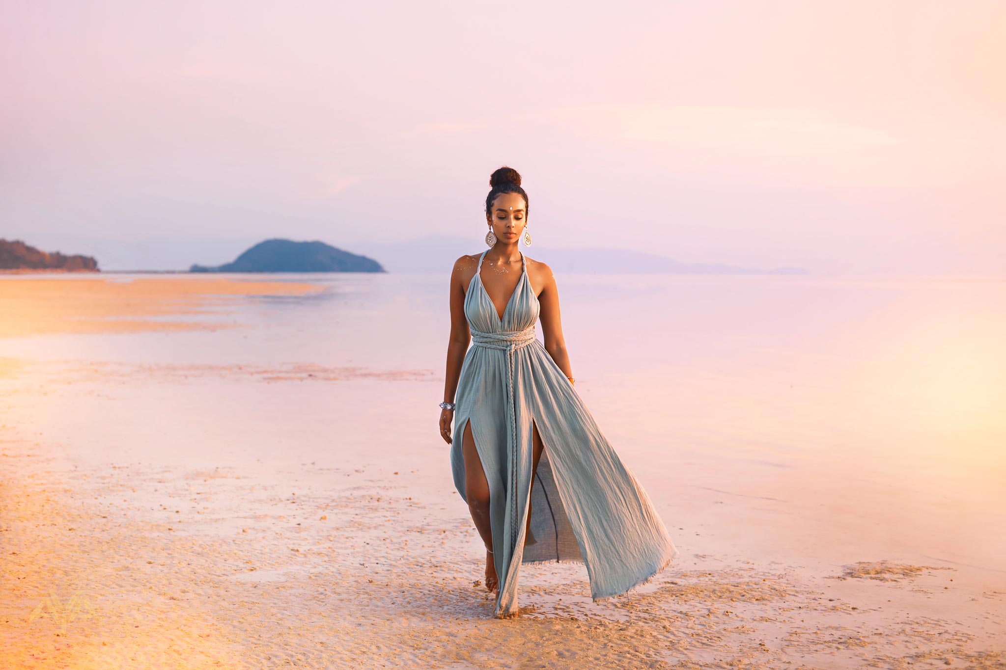 Sky Blue Greek Goddess Maxi Dress for Women - Belted Style - AYA Sacred Wear