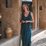 Make a statement in this Navy Blue long maxi dress with tribal raw cotton cover-up to spice up your look.