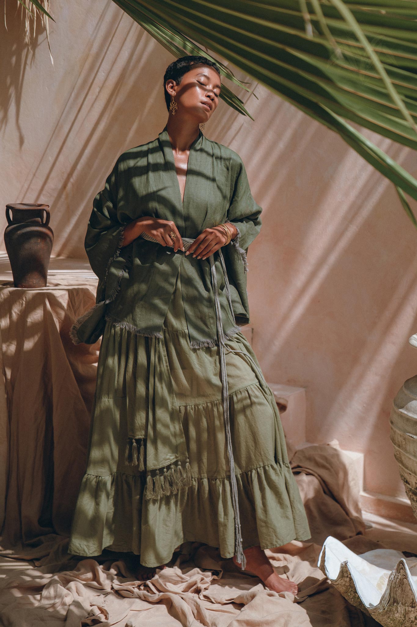 Short Linen Kimono Wrap with Belt, Bohemian Kimono Jacket For Women - AYA Sacred Wear