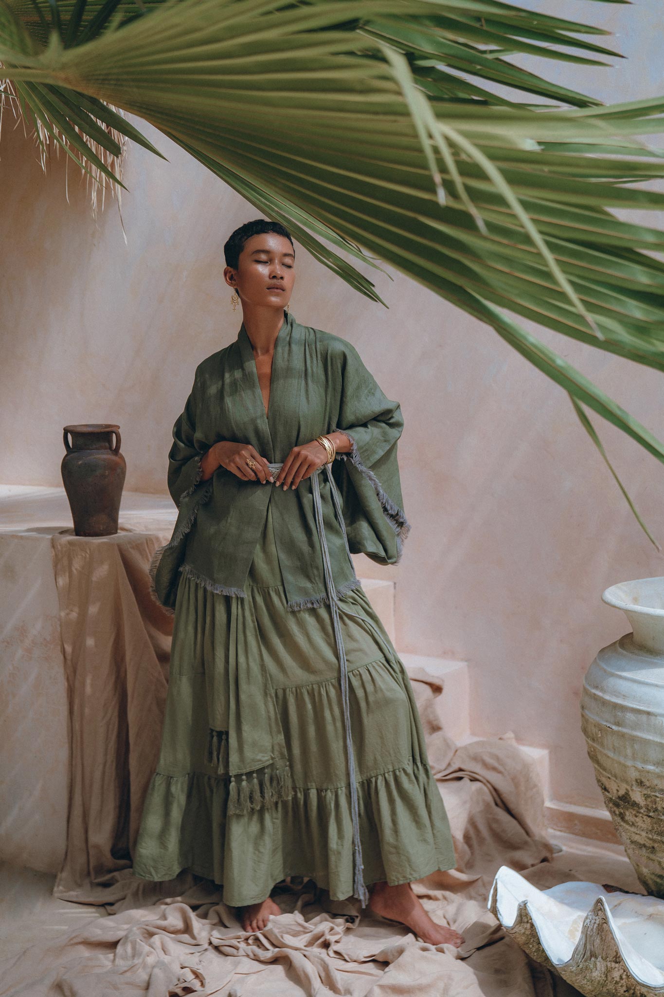 Short Linen Kimono Wrap with Belt, Bohemian Kimono Jacket For Women - AYA Sacred Wear