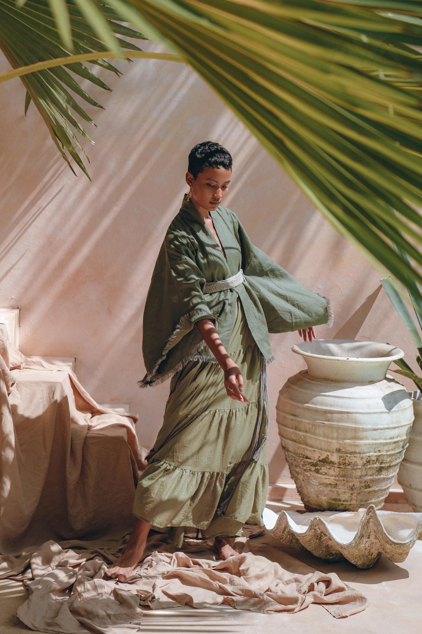 Short Linen Kimono Wrap with Belt, Bohemian Kimono Jacket For Women - AYA Sacred Wear