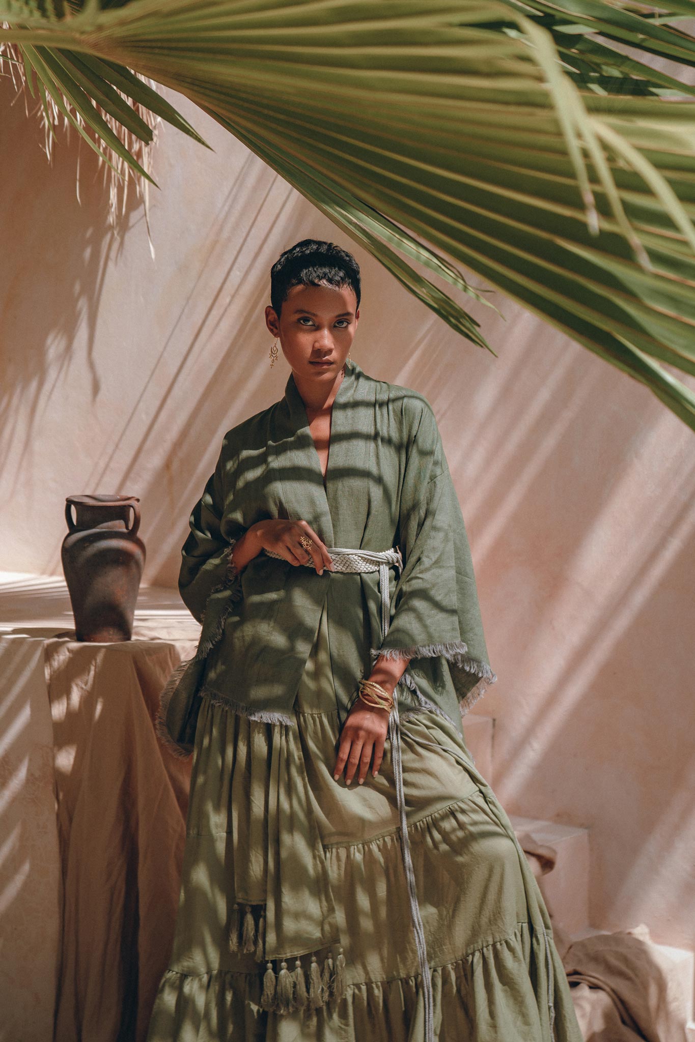 Short Linen Kimono Wrap with Belt, Bohemian Kimono Jacket For Women - AYA Sacred Wear