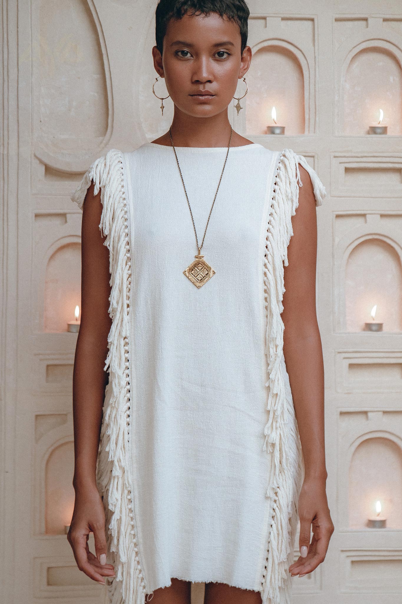 Off-White Mini Dress, Sleeveless Open Sides Dress, Ladders Sides Dress - AYA Sacred Wear