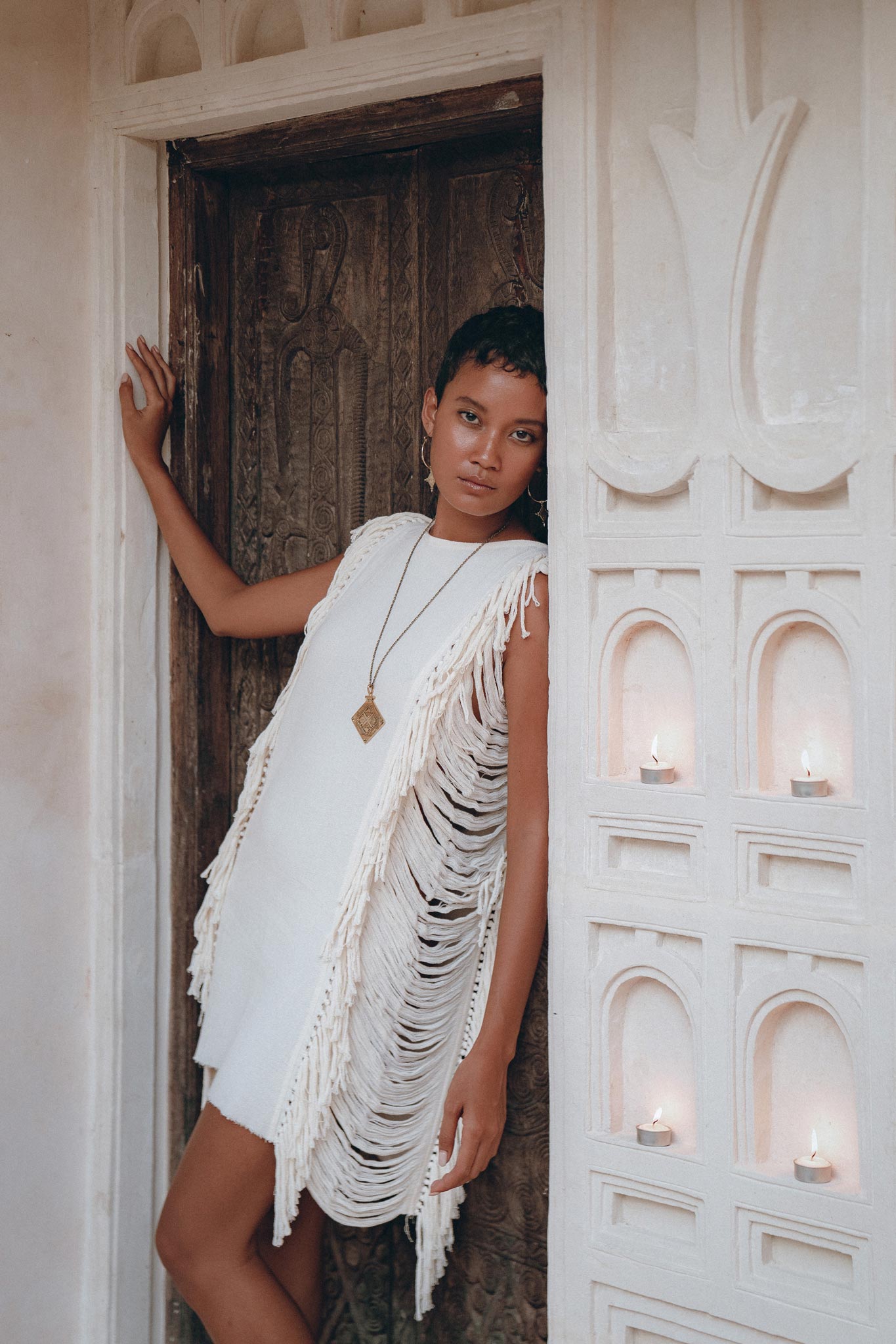 Off-White Mini Dress, Sleeveless Open Sides Dress, Ladders Sides Dress - AYA Sacred Wear