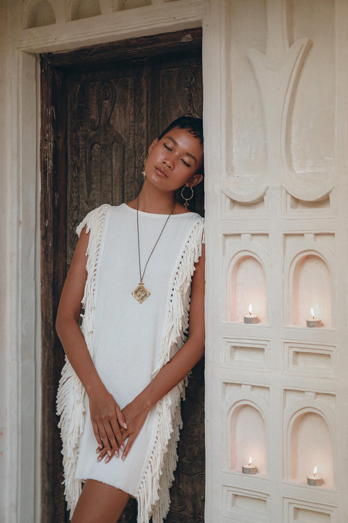 Off-White Mini Dress, Sleeveless Open Sides Dress, Ladders Sides Dress - AYA Sacred Wear