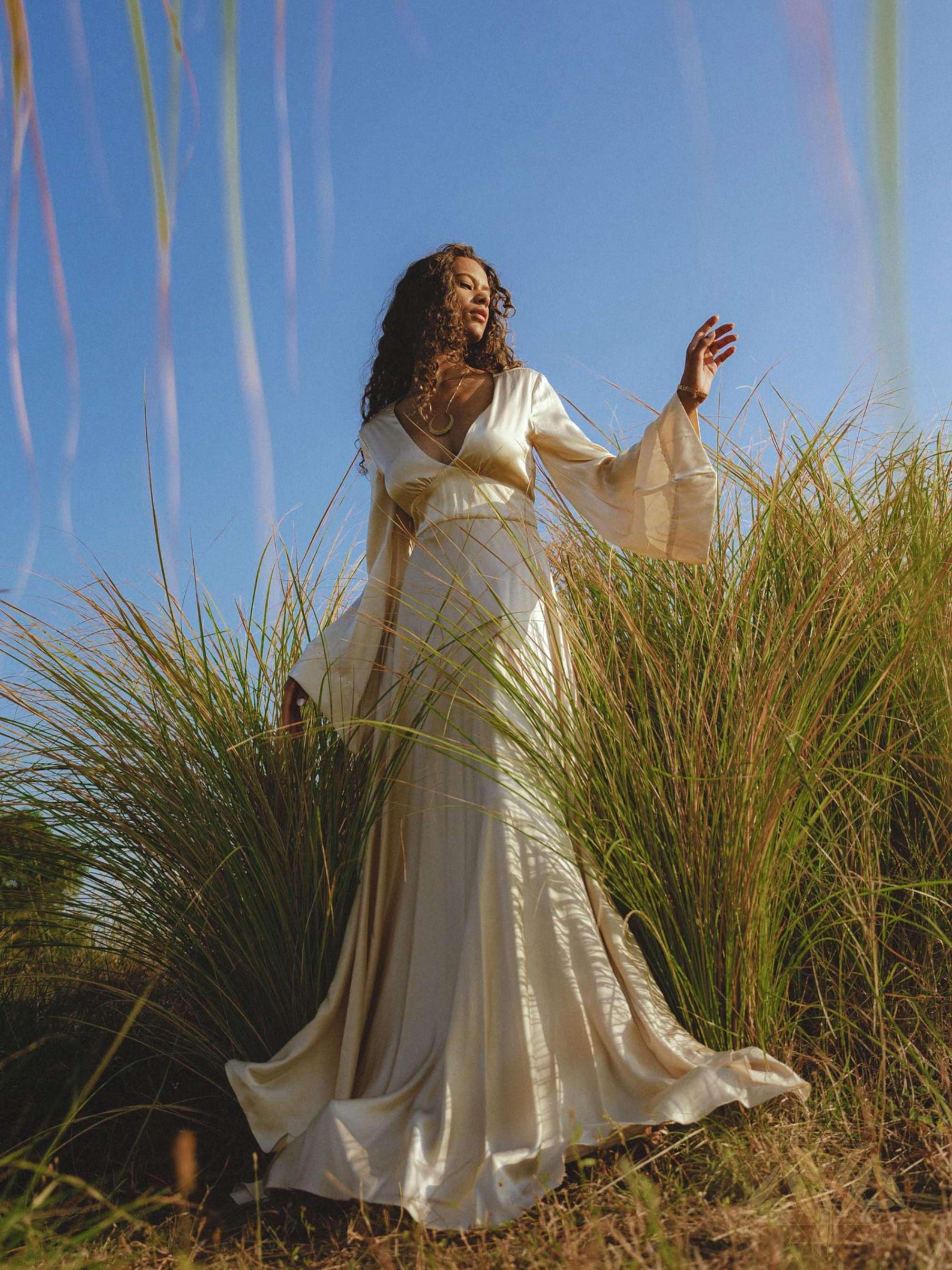 Vanilla Cream Sundari Silk Gown • Boho Open Back Fairy Tale Dress • Boho Bridal Dress