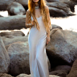 Mist Blue Peace Silk Maxi Slip Dress Organic Ahimsa Boho Bridal Gown Handmade Angel Wing Detail