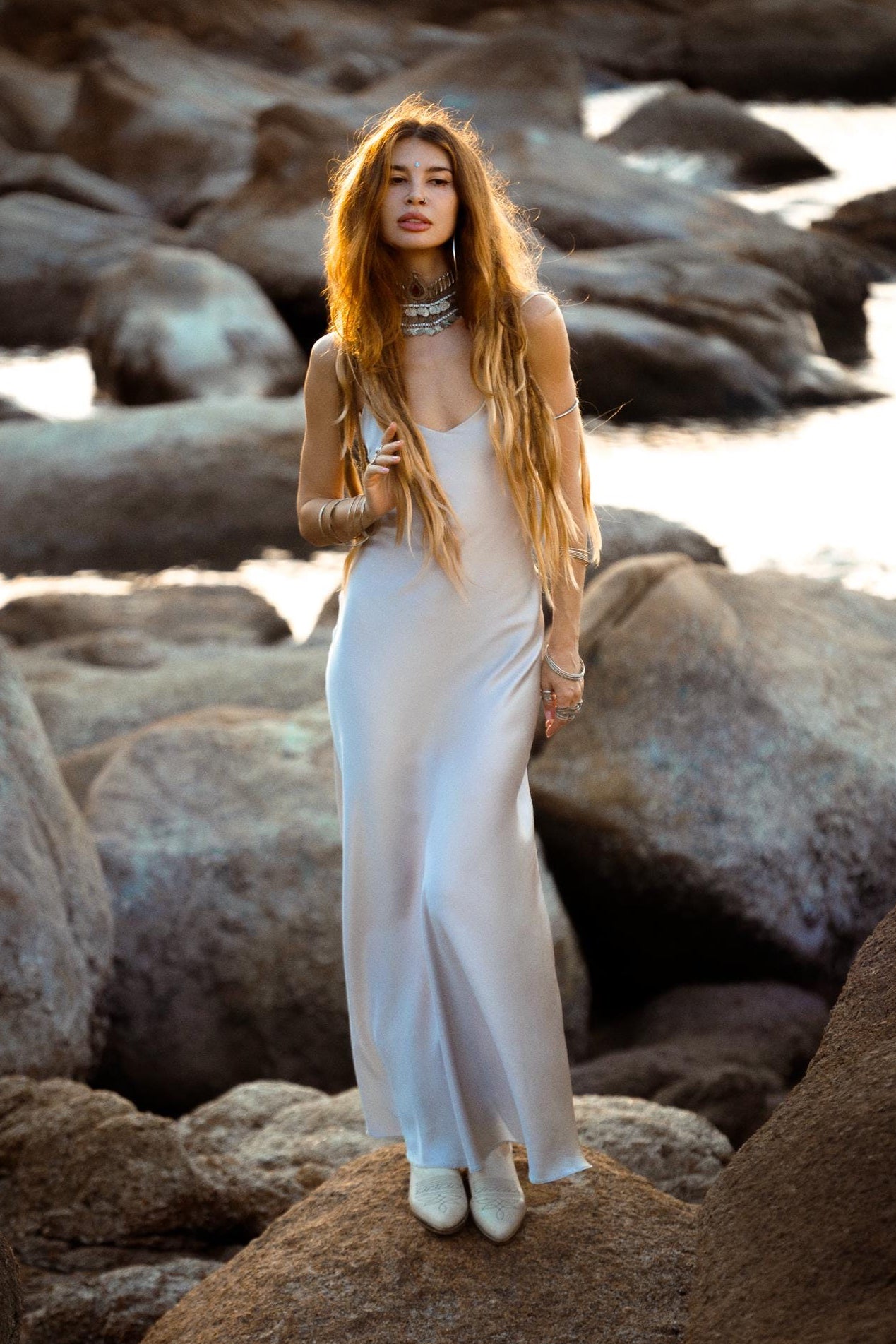 Mist Blue Peace Silk Maxi Slip Dress Organic Ahimsa Boho Bridal Gown Handmade Angel Wing Detail