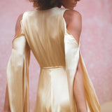 Inca Gold Matangi Peace Silk Gown • Organic Bridesmaid Kimono Dress • Wrap Dress - AYA Sacred Wear