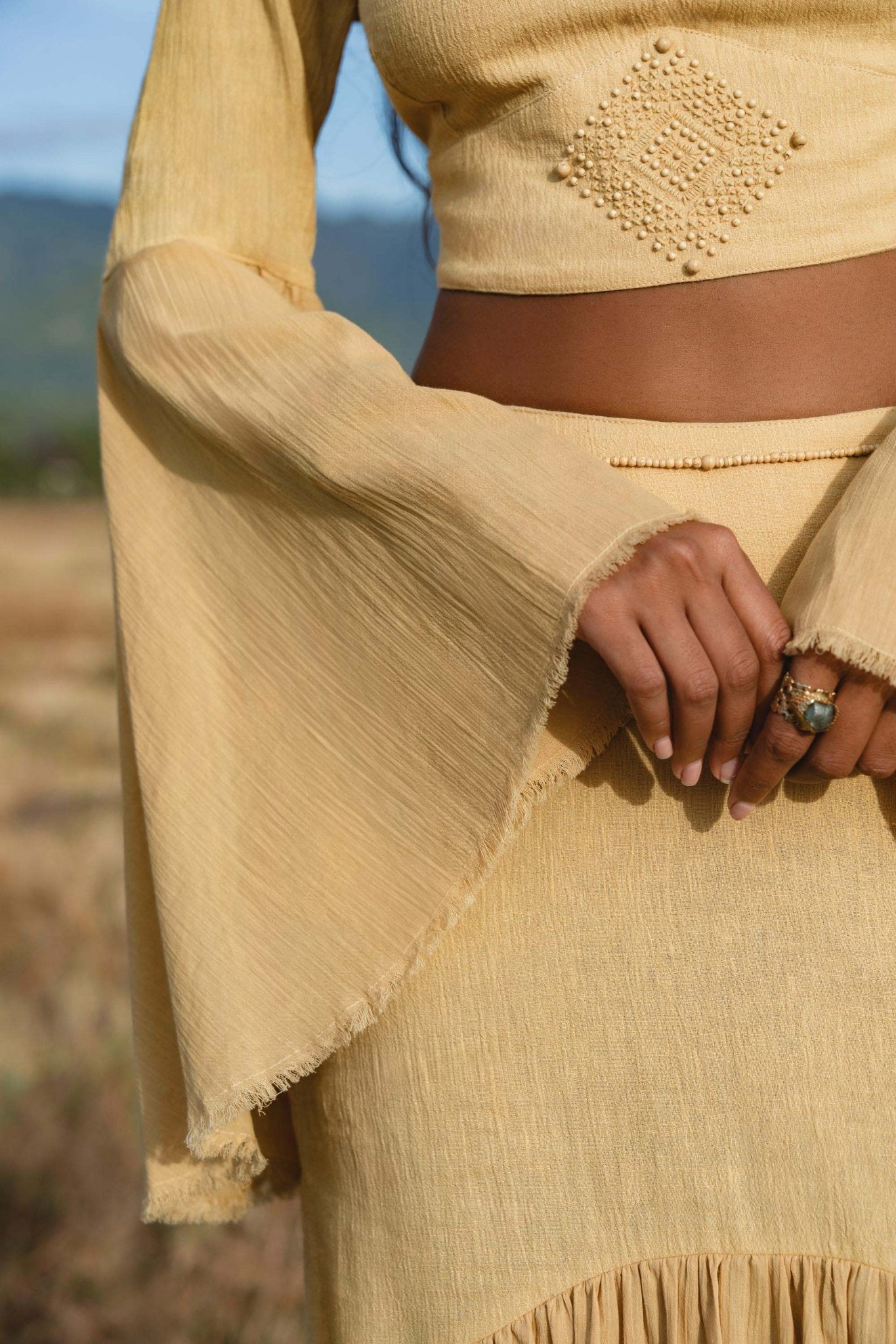 Indian Set in Yellow Gold · Cotton Two - Piece Outfit · Flowy Bell - Sleeve Top & Maxi Skirt - AYA Sacred Wear
