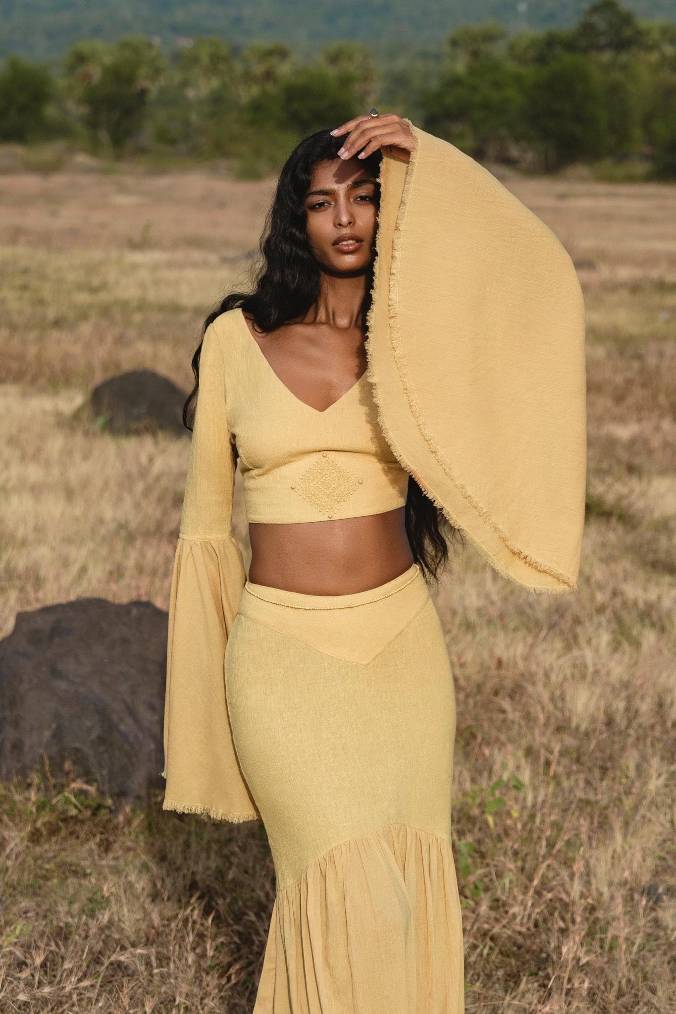 Indian Set in Yellow Gold · Cotton Two - Piece Outfit · Flowy Bell - Sleeve Top & Maxi Skirt - AYA Sacred Wear