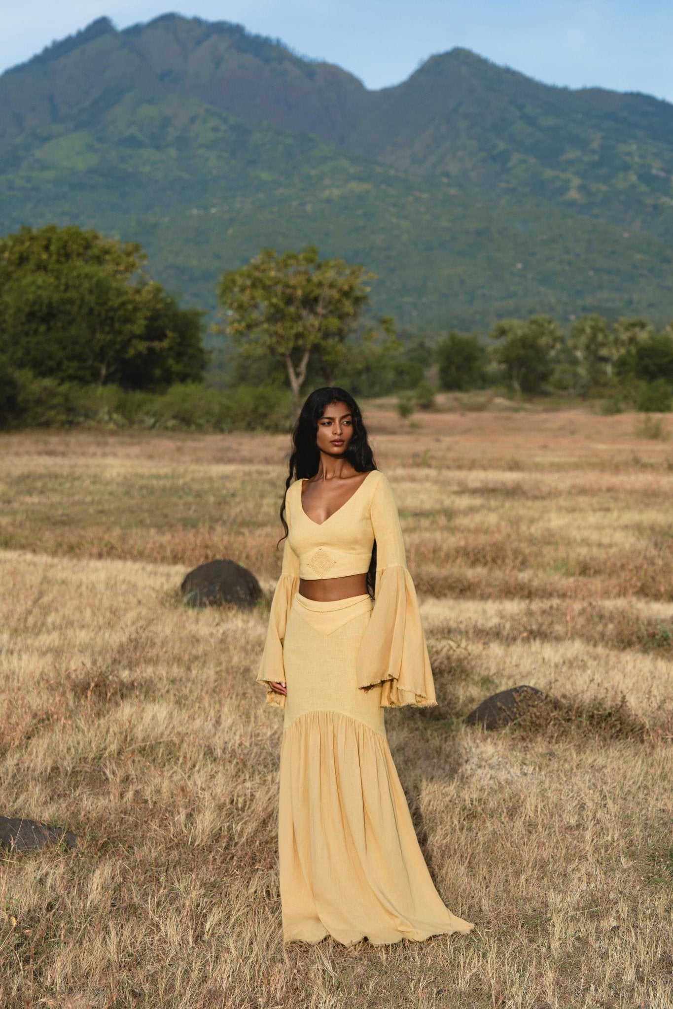 Indian Set in Yellow Gold · Cotton Two - Piece Outfit · Flowy Bell - Sleeve Top & Maxi Skirt - AYA Sacred Wear
