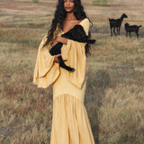 Indian Set in Yellow Gold · Cotton Two - Piece Outfit · Flowy Bell - Sleeve Top & Maxi Skirt - AYA Sacred Wear