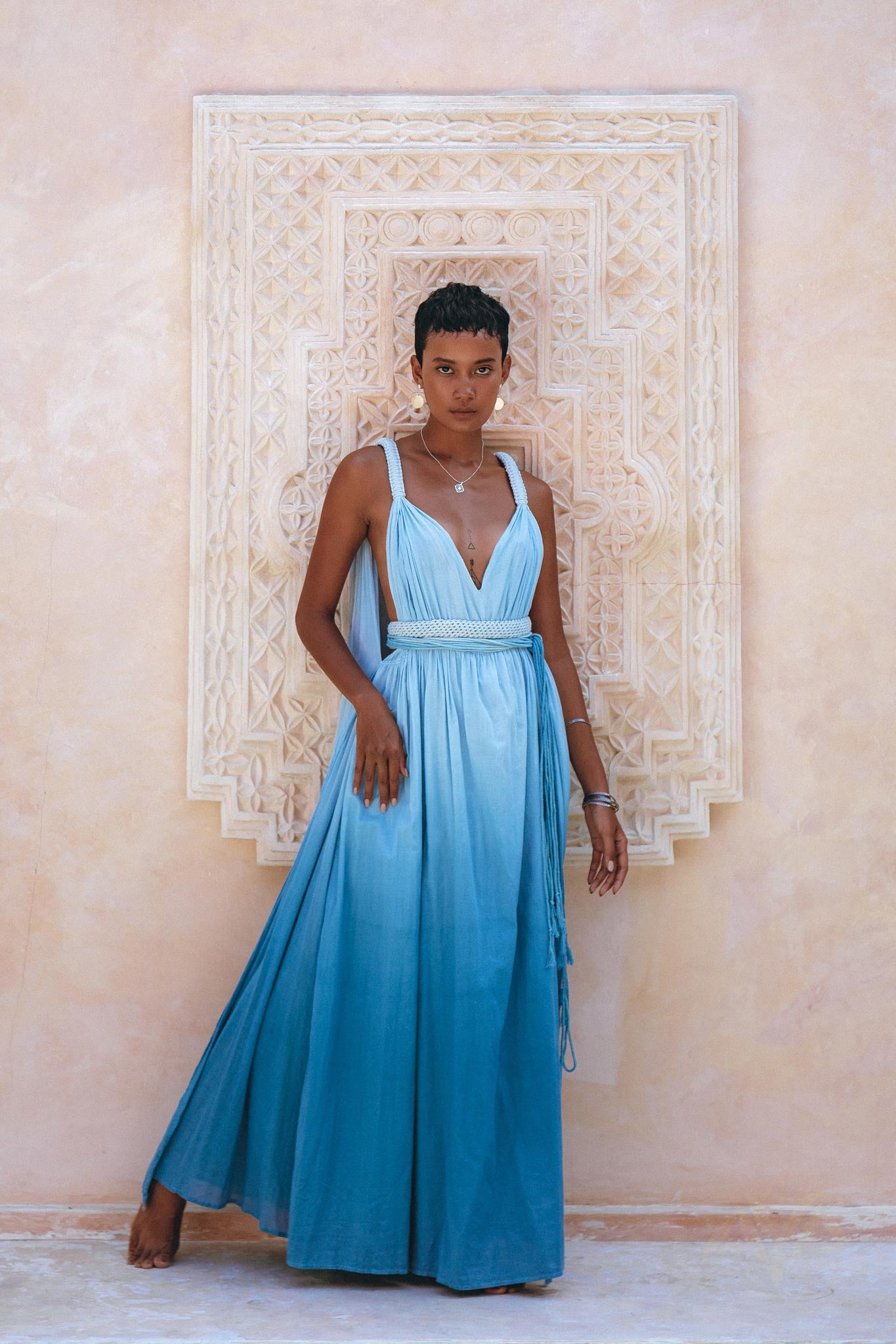 Indigo Blue Botanically Dyed Handmade Macrame Belted Boho Dress - AYA Sacred Wear
