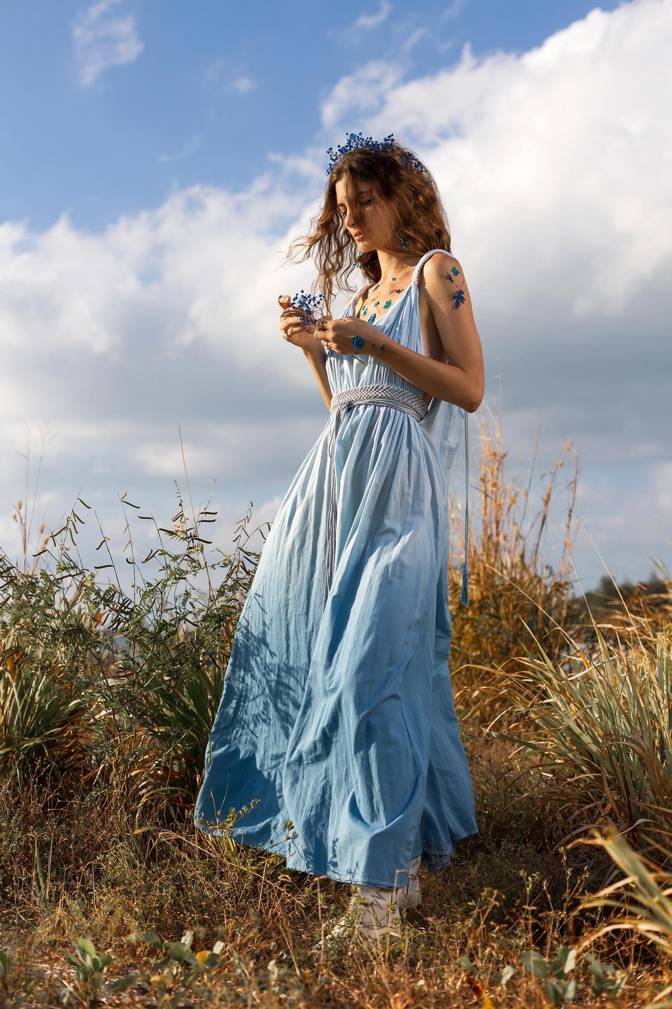 Indigo Blue Botanically Dyed Handmade Macrame Belted Boho Dress - AYA Sacred Wear