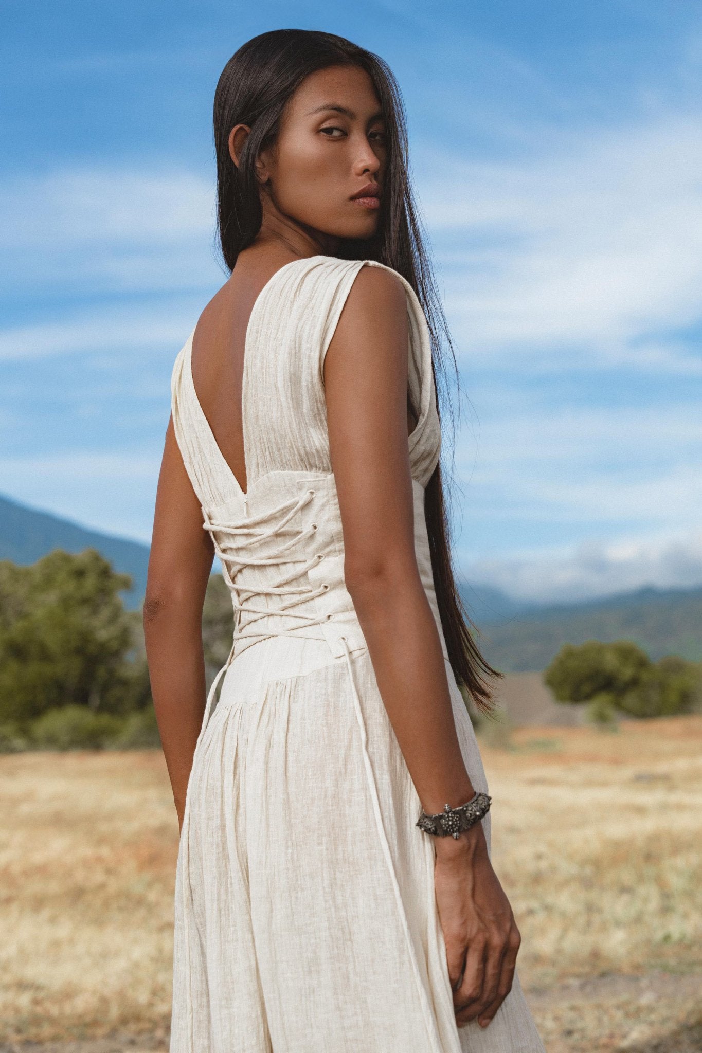 Japan Dress in Ivory Colour — Organic Linen Drop - Waist Wedding Dress - AYA Sacred Wear