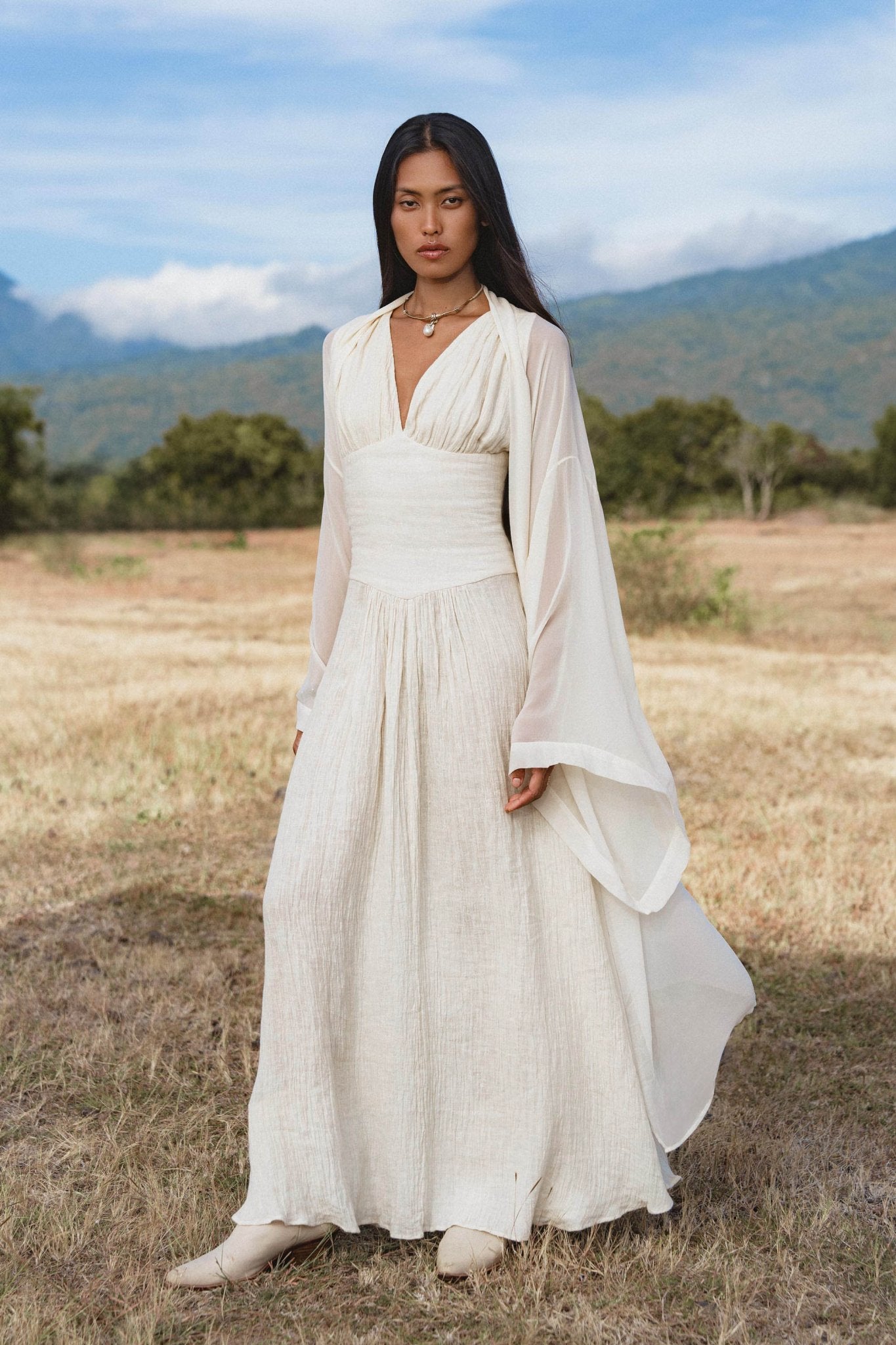Japan Dress in Ivory Colour — Organic Linen Drop - Waist Wedding Dress - AYA Sacred Wear