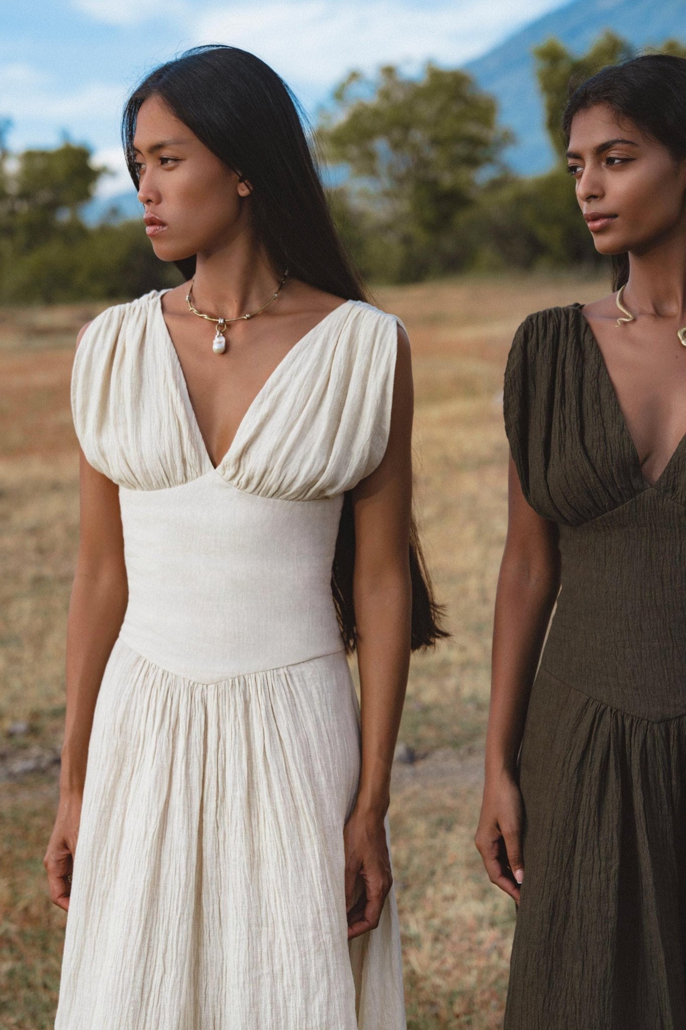 Japan Dress in Ivory Colour — Organic Linen Drop-Waist Wedding Dress - AYA Sacred Wear
