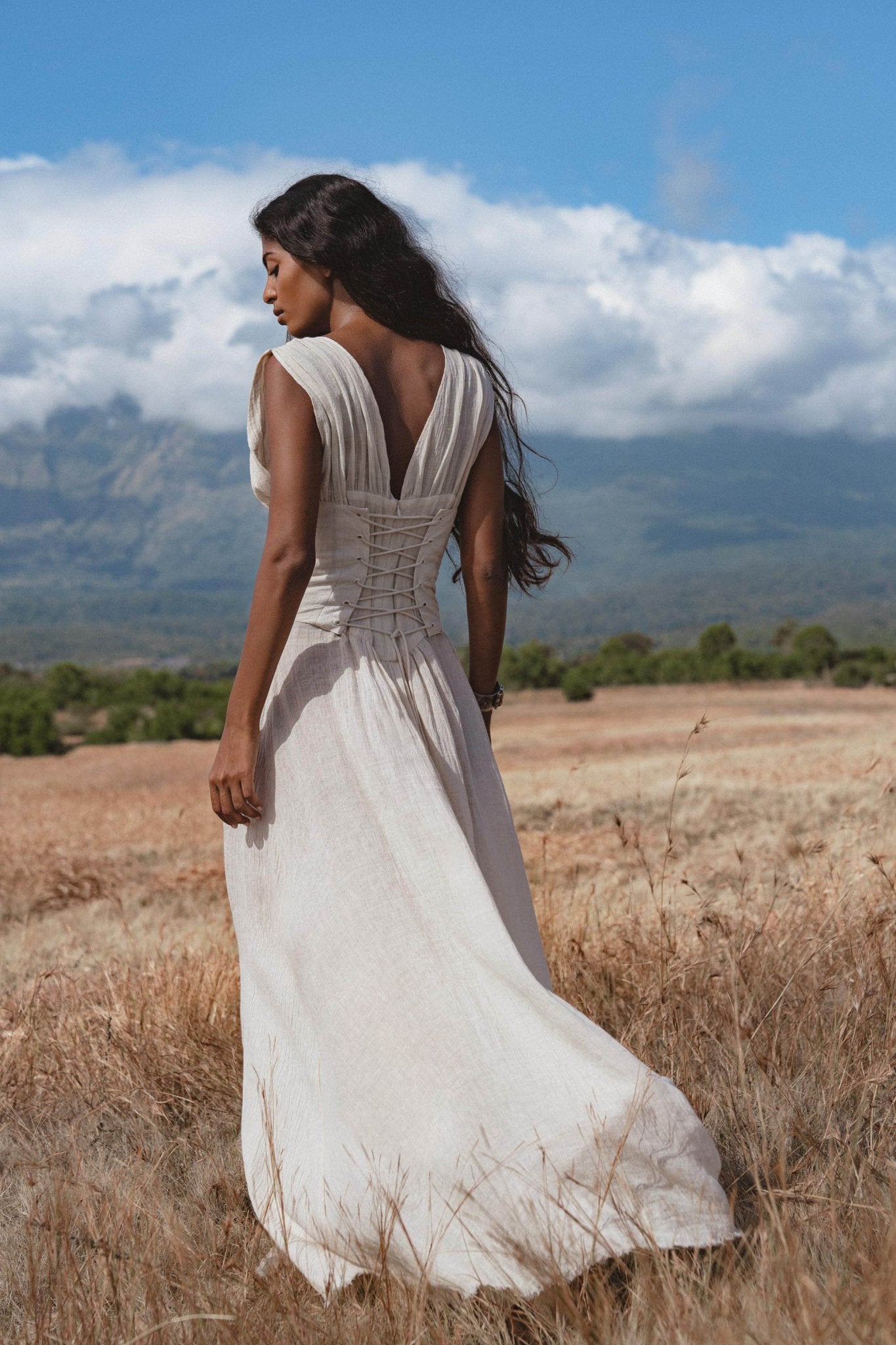 Japan Dress in Ivory Colour — Organic Linen Drop - Waist Wedding Dress - AYA Sacred Wear