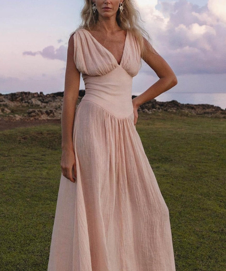 Japan Dress Light Pink Cotton Maxi, Handmade Boho Flowing Skirt, Deep V Corset Back Sustainable Slow Fashion - AYA Sacred Wear