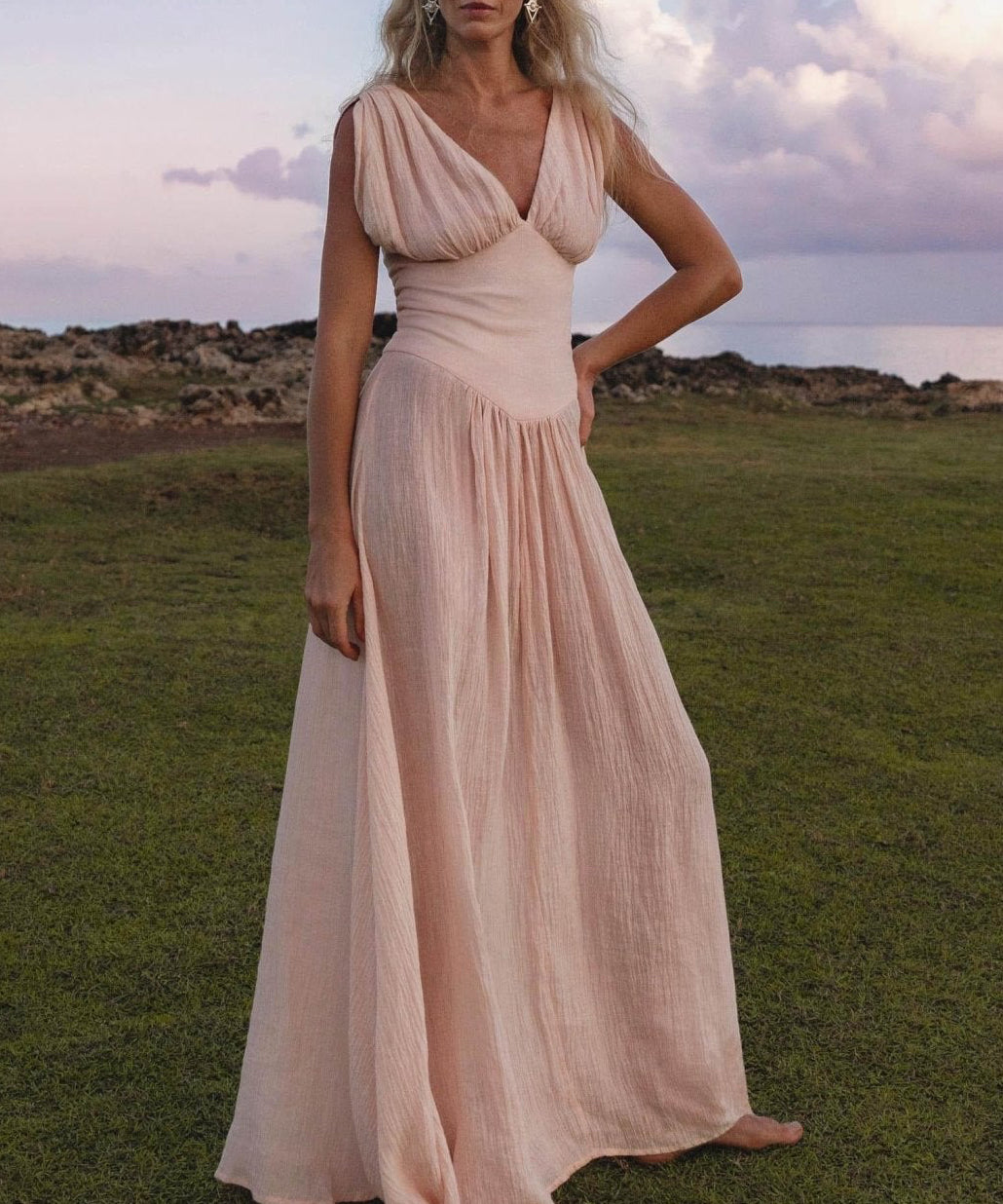 Japan Dress Light Pink Cotton Maxi, Handmade Boho Flowing Skirt, Deep V Corset Back Sustainable Slow Fashion - AYA Sacred Wear