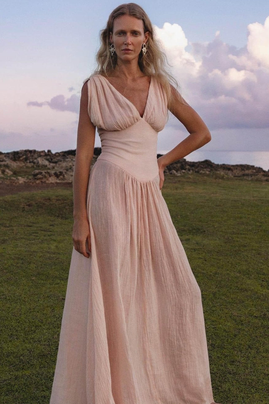 Japan Dress Light Pink Cotton Maxi, Handmade Boho Flowing Skirt, Deep V Corset Back Sustainable Slow Fashion - AYA Sacred Wear
