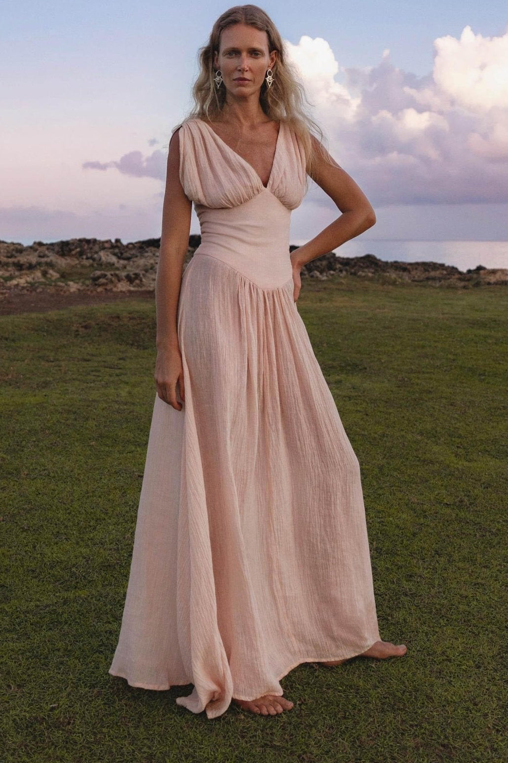 Japan Dress Light Pink Cotton Maxi, Handmade Boho Flowing Skirt, Deep V Corset Back Sustainable Slow Fashion - AYA Sacred Wear