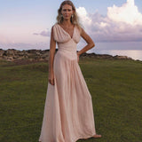 Japan Dress Light Pink Cotton Maxi, Handmade Boho Flowing Skirt, Deep V Corset Back Sustainable Slow Fashion - AYA Sacred Wear