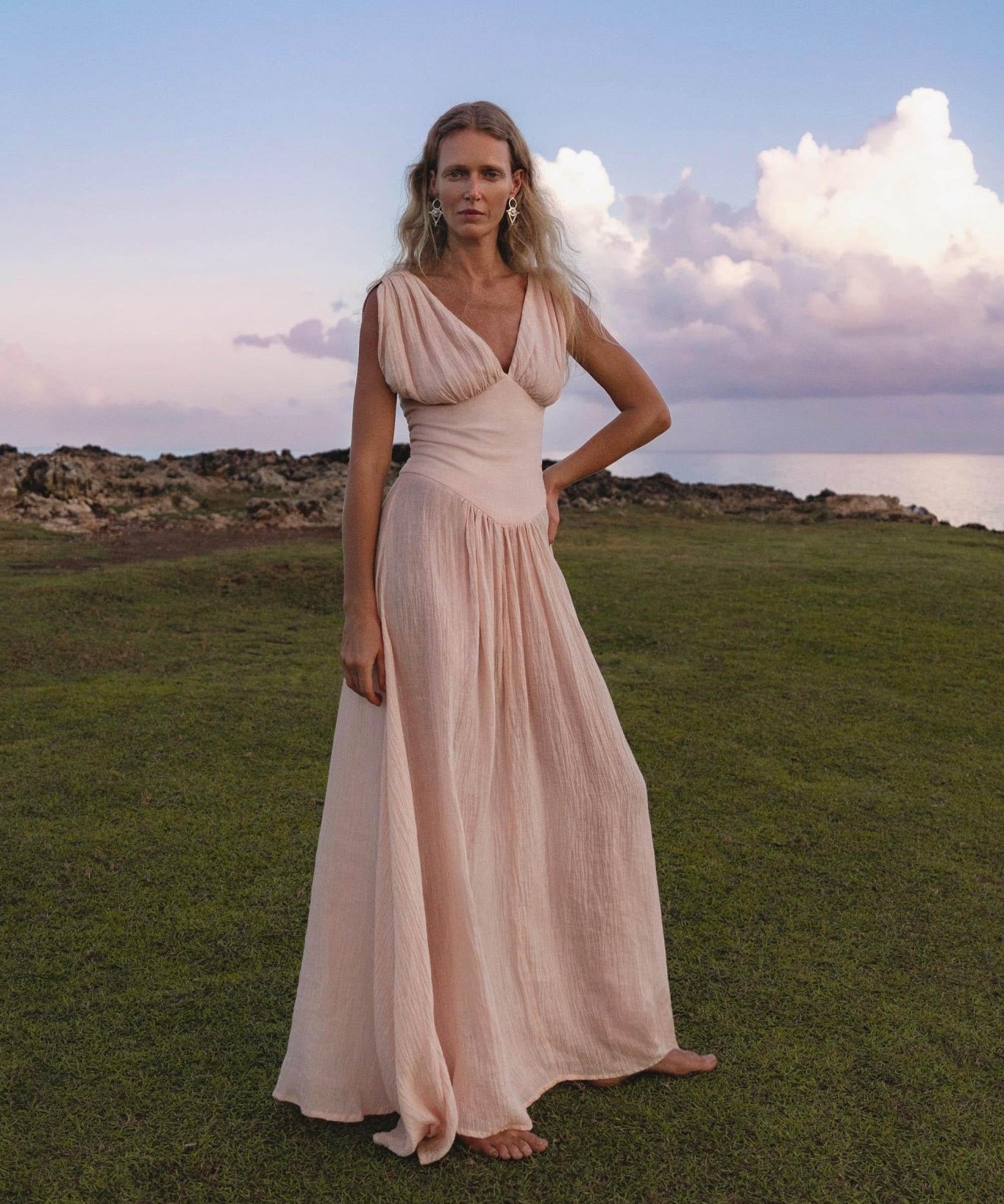 Japan Dress Light Pink Cotton Maxi, Handmade Boho Flowing Skirt, Deep V Corset Back Sustainable Slow Fashion - AYA Sacred Wear