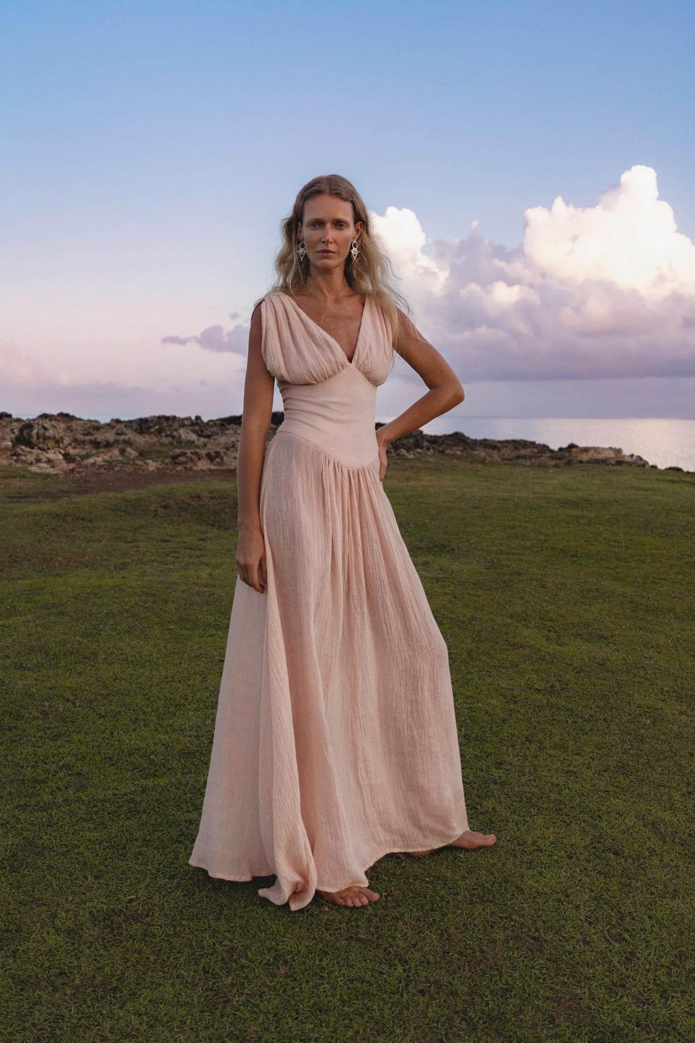 Japan Dress Light Pink Cotton Maxi, Handmade Boho Flowing Skirt, Deep V Corset Back Sustainable Slow Fashion - AYA Sacred Wear