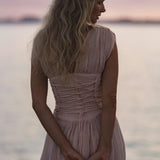 Japan Dress Light Pink Cotton Maxi, Handmade Boho Flowing Skirt, Deep V Corset Back Sustainable Slow Fashion - AYA Sacred Wear