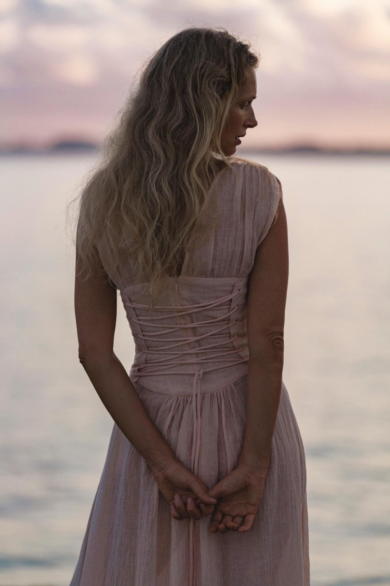 Japan Dress Light Pink Cotton Maxi, Handmade Boho Flowing Skirt, Deep V Corset Back Sustainable Slow Fashion - AYA Sacred Wear