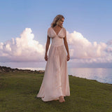 Japan Dress Light Pink Cotton Maxi, Handmade Boho Flowing Skirt, Deep V Corset Back Sustainable Slow Fashion - AYA Sacred Wear
