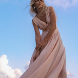 Japan Dress Light Pink Cotton Maxi, Handmade Boho Flowing Skirt, Deep V Corset Back Sustainable Slow Fashion - AYA Sacred Wear