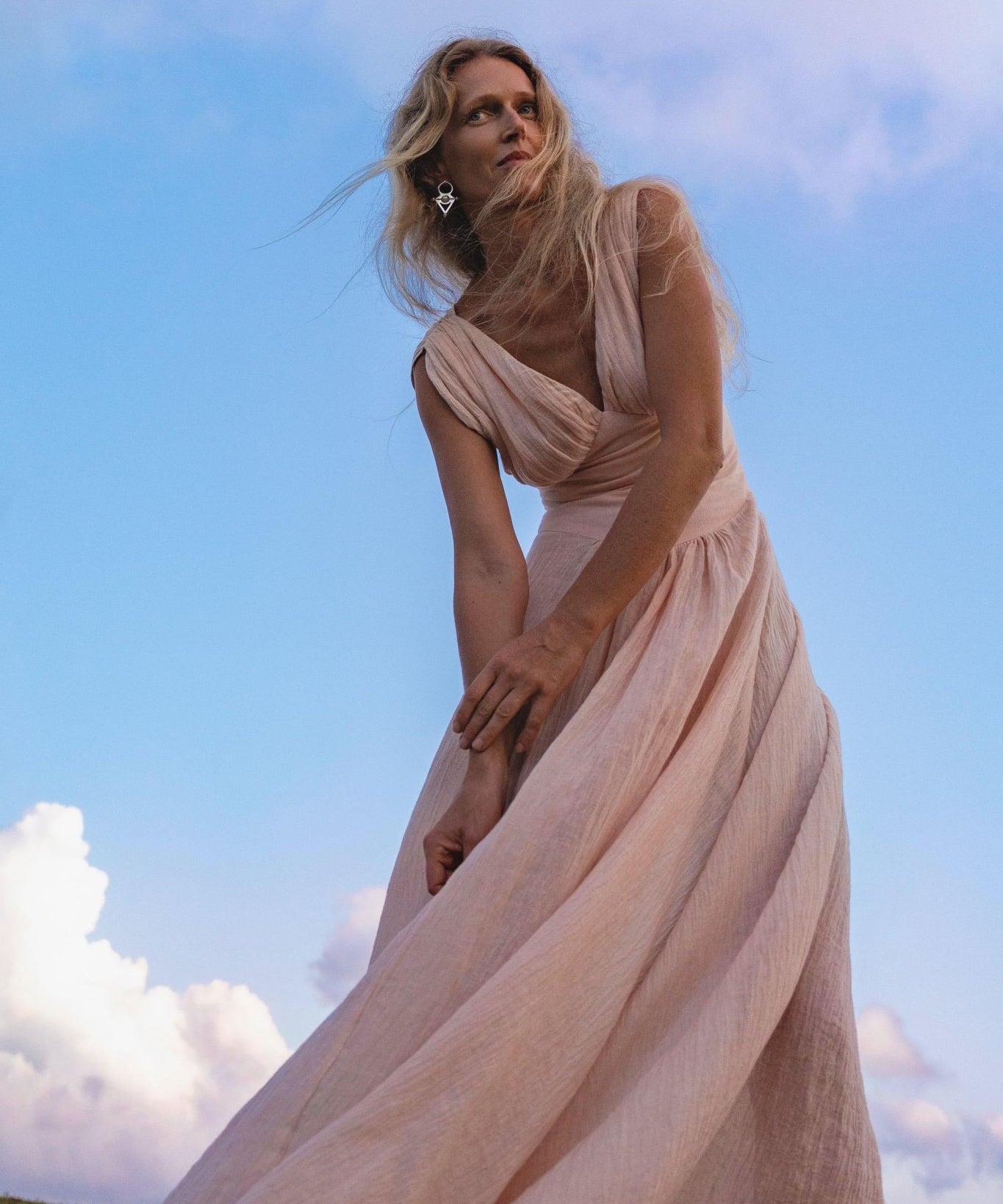 Japan Dress Light Pink Cotton Maxi, Handmade Boho Flowing Skirt, Deep V Corset Back Sustainable Slow Fashion - AYA Sacred Wear