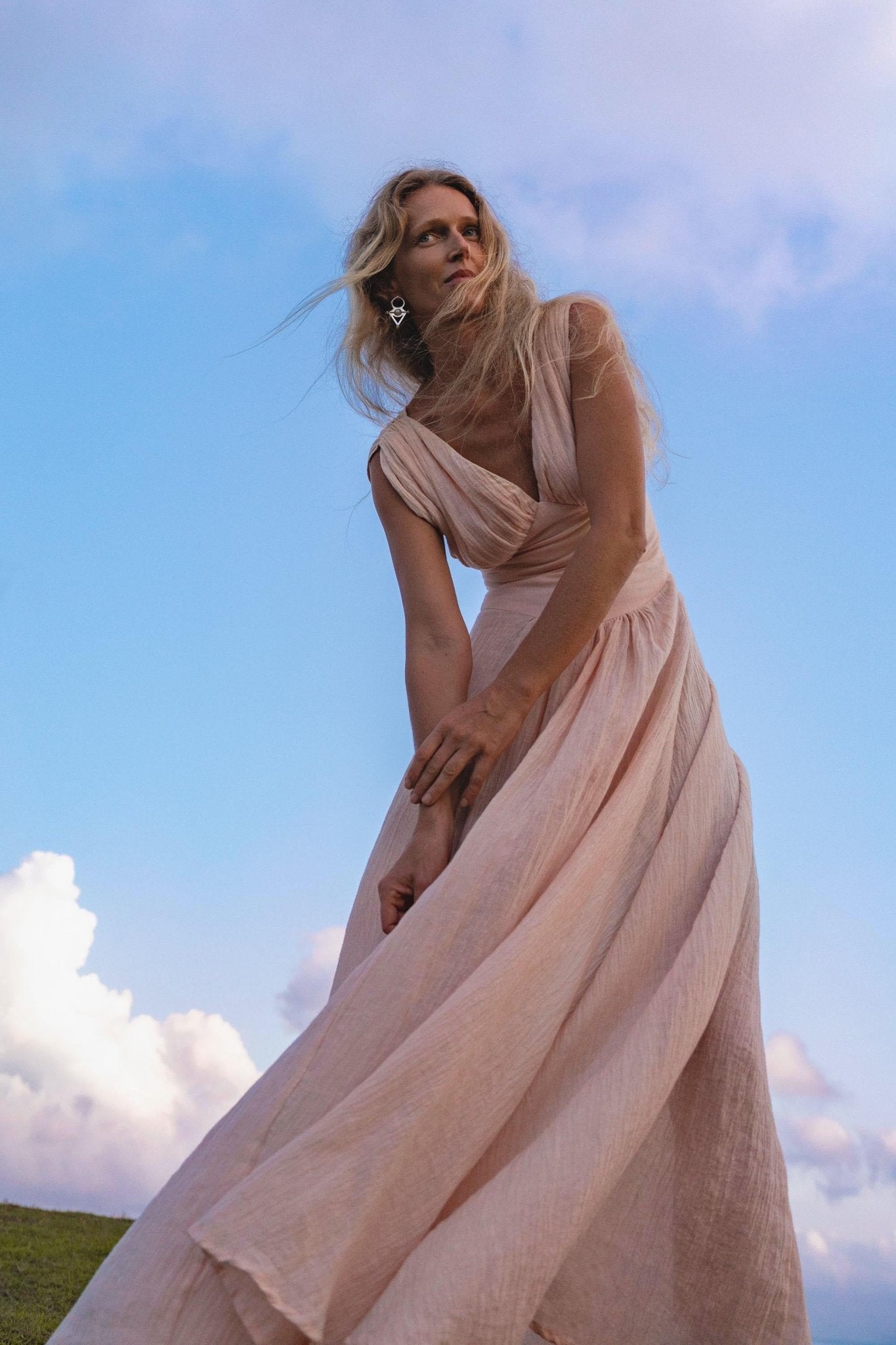 Japan Dress Light Pink Cotton Maxi, Handmade Boho Flowing Skirt, Deep V Corset Back Sustainable Slow Fashion - AYA Sacred Wear