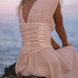 Japan Dress Light Pink Cotton Maxi, Handmade Boho Flowing Skirt, Deep V Corset Back Sustainable Slow Fashion - AYA Sacred Wear