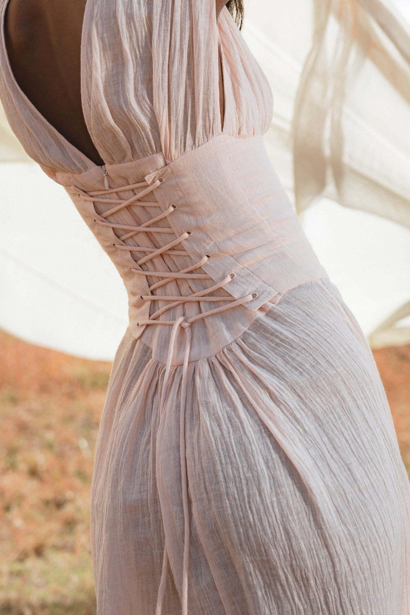 Japan Dress Light Pink Cotton Maxi, Handmade Boho Flowing Skirt, Deep V Corset Back Sustainable Slow Fashion - AYA Sacred Wear