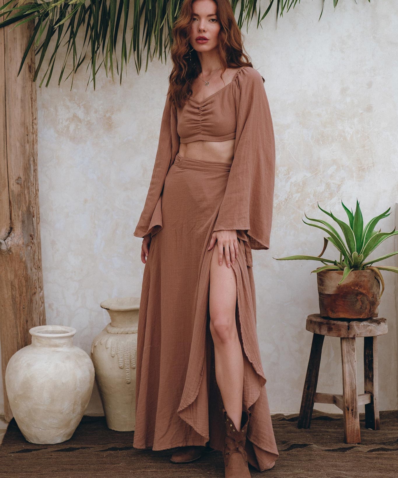 Summer Open Belly Matching Top and Skirt, Latte Tank Top and Maxi Skirt - AYA Sacred Wear