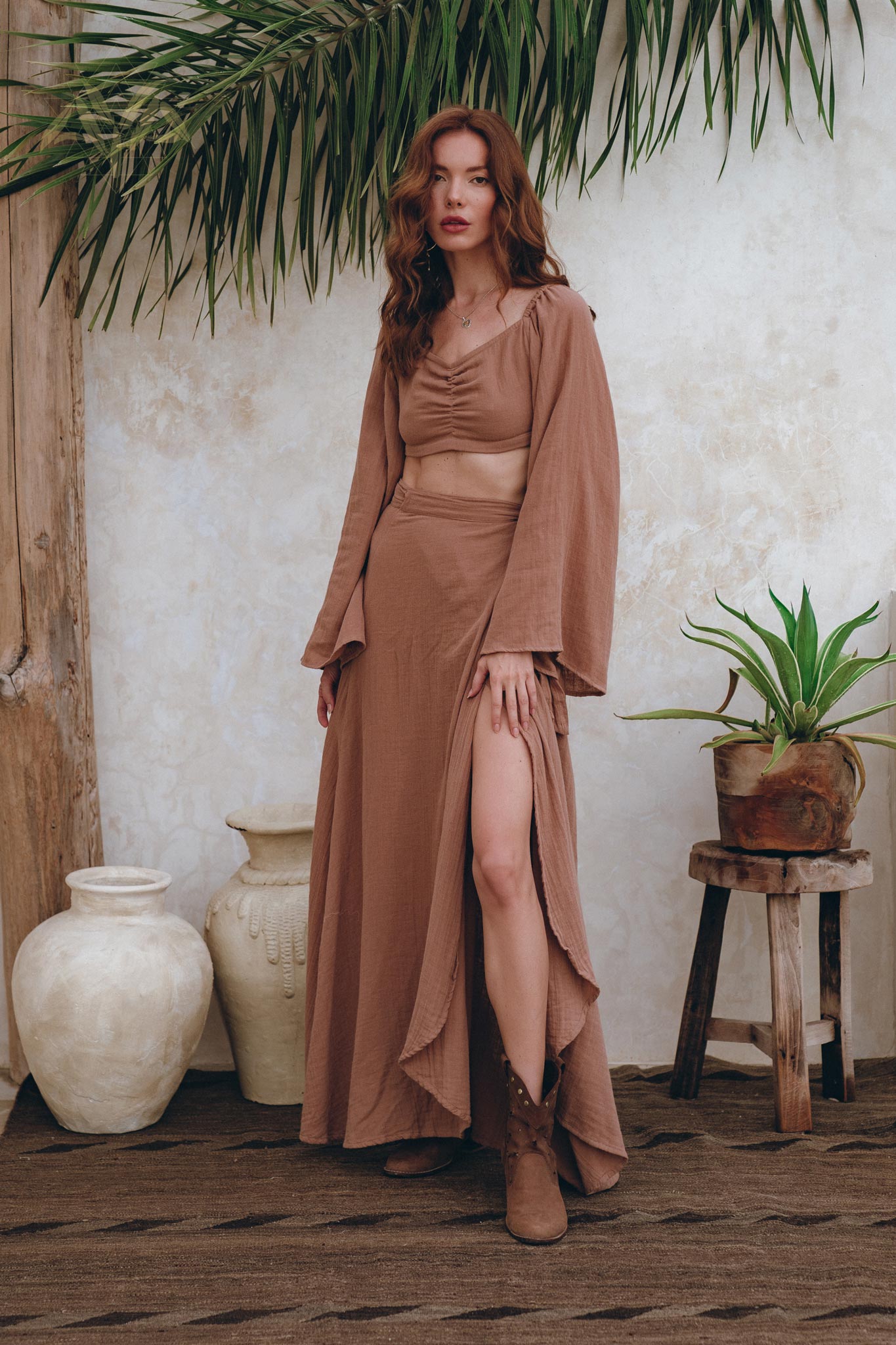 Summer Open Belly Matching Top and Skirt, Latte Tank Top and Maxi Skirt - AYA Sacred Wear